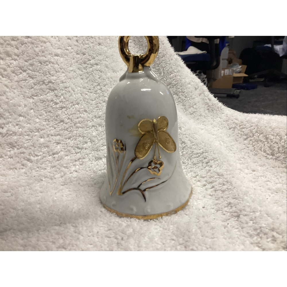 Vintage Enesco Porcelain Butterfly Floral Bell Gold Trim Taiwan Import Decor